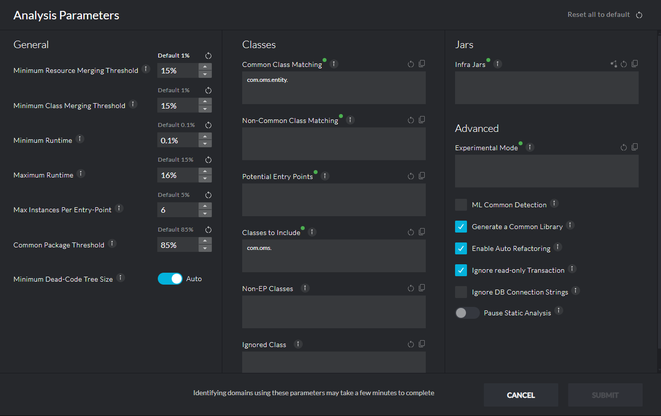 Analysis parameters